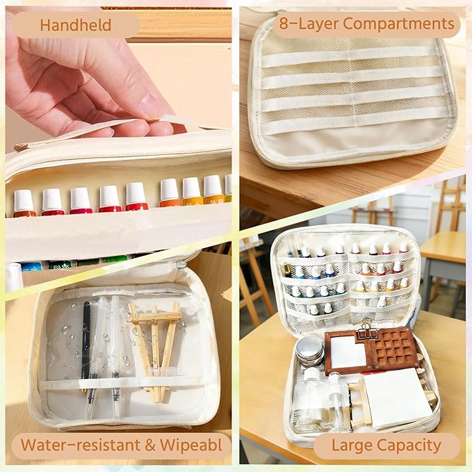 Mini Watercolor Travel Paint Set,34Pcs Artist Watercolor Palette Travel Set with Colors,Wooden Paint Box,Brush,Holder,Oil Cup,Plastic Bottles Storage Bag for Beginners Artists Student(15 Grids)