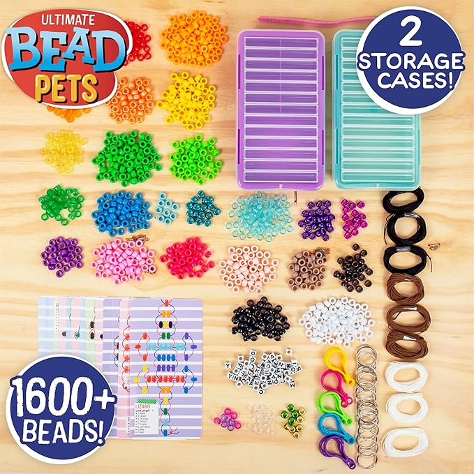 made by me ultimate bead pets by horizon group usa, bead pets crafts for kids, includes over 1400 beads, cording, keychains & carabiner clips, design templates, storage cases & more