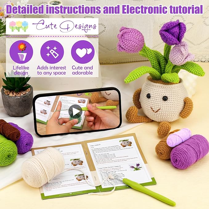 Nitlak Crochet Kit for Beginners, Tulip Potted Beginner Crochet Kit for Adults Kids Women Men, Crochet Starters Kit with Step-by-Step Video Tutorials, Complete Crochet Accessories for DIY Craft