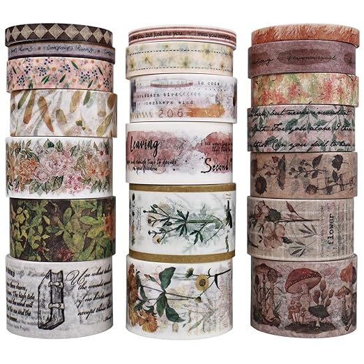 Vintage Washi Tape Set, 20 Rolls Forest Theme Washi Tape for Journaling, Decorative Tape for Junk Journal Supplies, Scrapbooking, Bullet Journaling