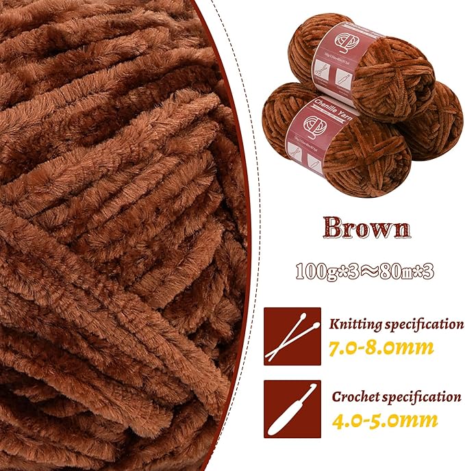 LUNARM Chenille Yarn for Crocheting Knitting, 3 Skein 263 Yard Thick Soft Chunky Fluffy Weaving Plush Yarn for Blankets Clothes Pattern Creations with Big Eye Needles(Brown)