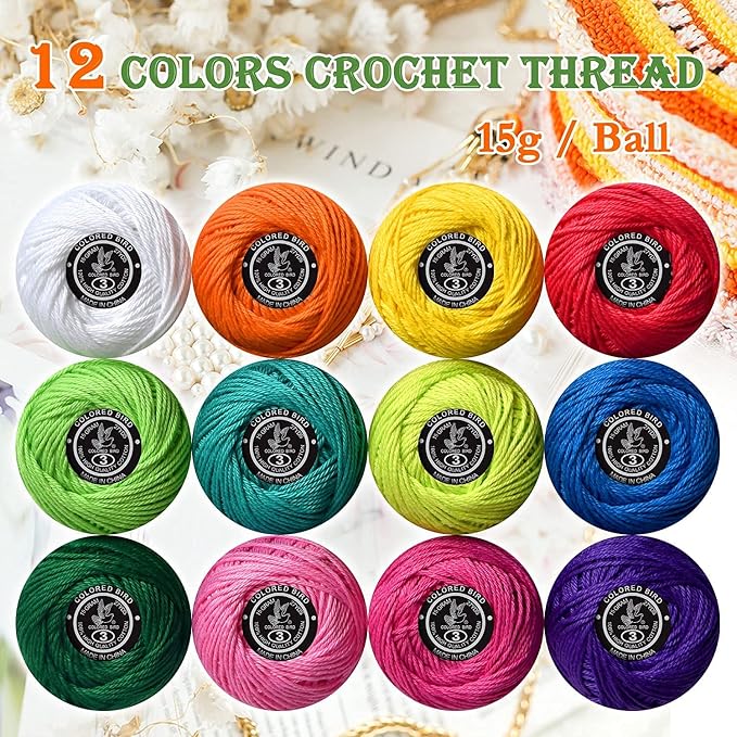 colored bird 12 Colors Cotton Size 3 Crochet Thread Craft Yarn for Knitting and Crochet Perfect Beginner Kit