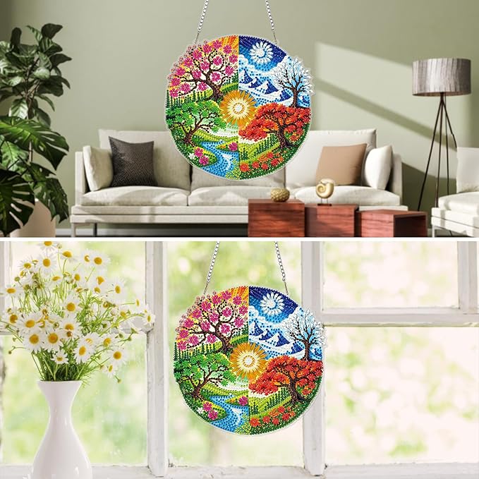 MXJSUA Landscape Seasons Diamond Painting Art Window Suncatchers, Diamond Art Kits for Adults Hanging Ornaments with Chain, 5D Special Shape Crystal Diamond Pendant Accessories for Decor Gift