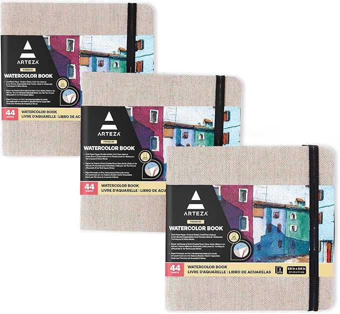 ARTEZA Watercolor Sketchbook, 3-Pack, 88 Pages Each, 5.5 x 5.5 Inches, Beige Hardcover, 110-Pound Paper
