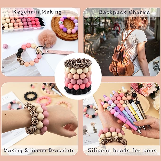 120 Pcs 15mm Silicone Beads for Keychain Making Bracelets Pink Black Leopard Print 6 Mixed Colors Silicone Round Beads Bulk for Crafts Pens Making
