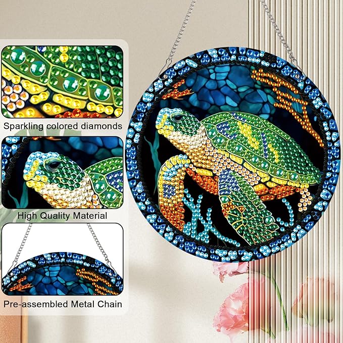 AiYuanzsh Sea Turtle Diamond Painting Hanging Pendant Kit, Special Shaped Diamond Dots Acrylic Ornament, DIY Diamond Art Pendant for Adults Home Wall Window Decoration Gift