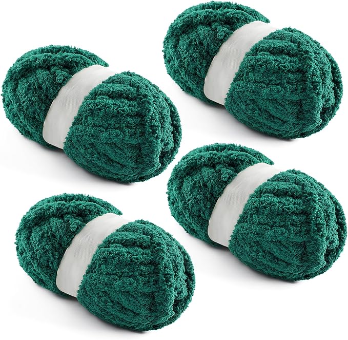 4 Pack Chunky Yarn for Hand Knitting - Chunky Chenille Blanket Yarn for Crocheting - Jumbo Fluffy Yarn for Crochet - Super Bulky Yarn 25 yds 7.7 oz Each Skein (Dark Green)