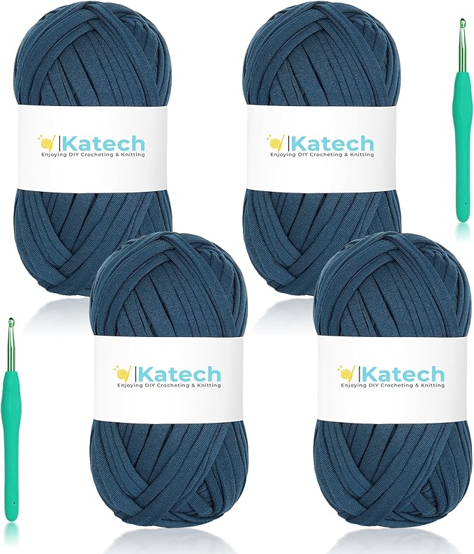 Katech 400g T-Shirt Yarn for Crocheting, 130yds Elastic Fabric Crochet Spaghetti Yarn for Hand DIY Bag & Basket Cushion Crocheting Projects, Home Decor (Dark Blue)