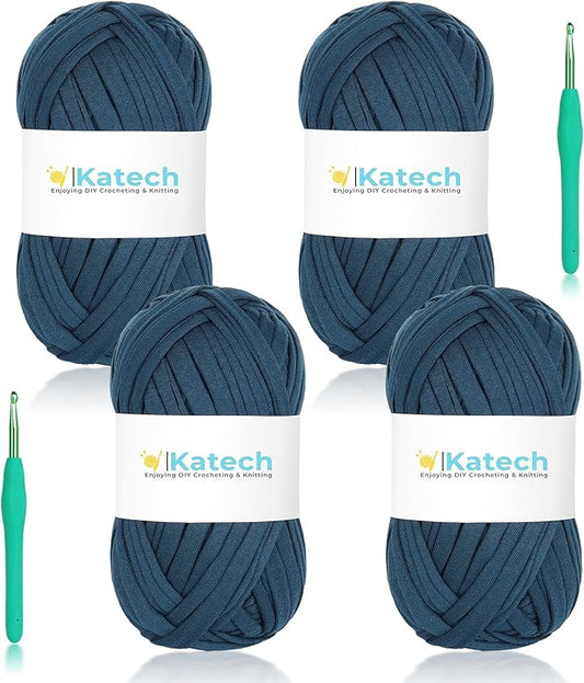 Katech 400g T-Shirt Yarn for Crocheting, 130yds Elastic Fabric Crochet Spaghetti Yarn for Hand DIY Bag & Basket Cushion Crocheting Projects, Home Decor (Dark Blue)