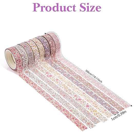 8 Rolls Flowers Arts Adhesive Tapes,Sakura Washi Tape Charming Vintage Washi Tape Set Thin Retro Decorative Masking Tapes for Journals Scrapbooking DIY Crafts Planners Gift Wrapping(Floral)