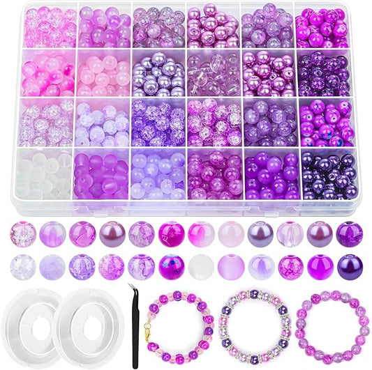 PAXCOO 720pcs Glass Beads for Jewelry Making 8mm, 24 Colors Bead Bracelet Making Kit Purple Round Loose Beads for Bracelet Earring Necklace Jewelry Making Supplies