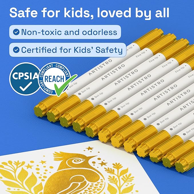 ARTISTRO 12 Gold Acrylic Paint Markers for Rock, Fabric, Wood, Glass, Eggs - Dual-Tip Paint Pens for Coloring Books for Adults, Teens, Kids - Art & Craft Supplies - Gift Idea - Easter Basket Stuffers