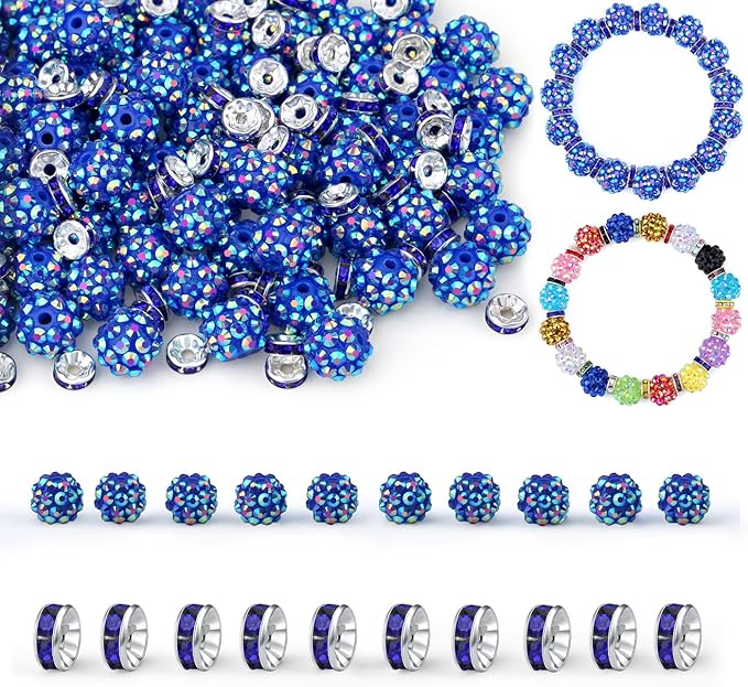 LAIDANLA 250pcs 12mm Dark Blue Rhinestone Beads and 8mm Rondelle Spacer Beads for Beadable Pens, Sparkly Shamballa Disco Baseball Bead for Bracelets Necklaces Earring DIY Craft