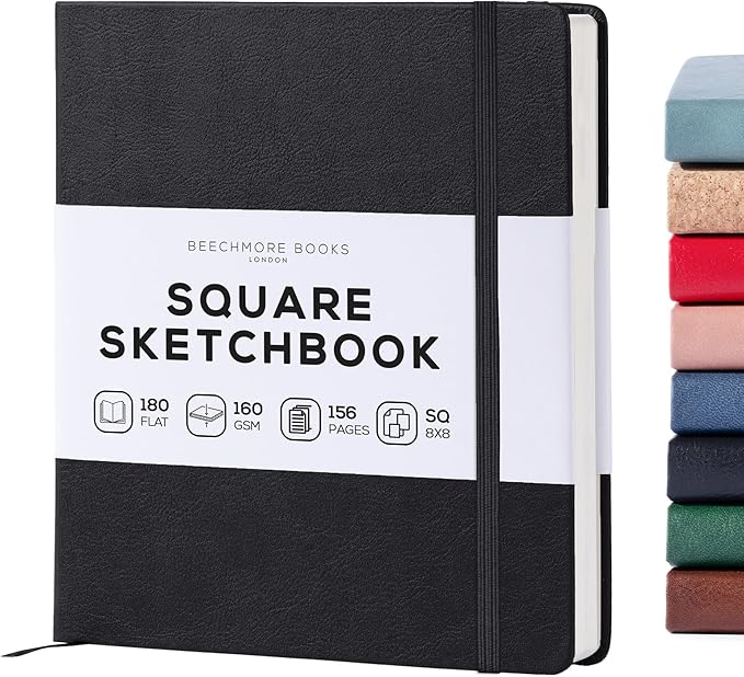 Beechmore Books Square Mixed Media Sketchbook - 8x8 Inch Professional Art Journal, 160 GSM / 98 lb Ivory Paper, Perforated Pages, Vegan Leather Hardcover, Lay-Flat Design for Drawing & Doodling
