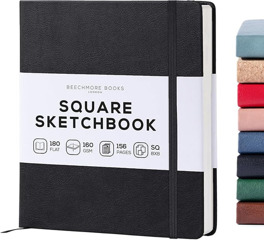 Beechmore Books Square Mixed Media Sketchbook - 8x8 Inch Professional Art Journal, 160 GSM / 98 lb Ivory Paper, Perforated Pages, Vegan Leather Hardcover, Lay-Flat Design for Drawing & Doodling