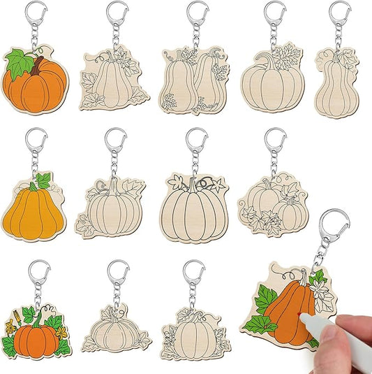 Trnayi 36 Pcs Color Your Own Pumpkin Keychains Fall Thanksgiving Crafts Wood DIY Coloring Gifts for Autumn Thanksgiving Party Favors Painting DIY Arts Crafts Project Decoration Family Holiday Project