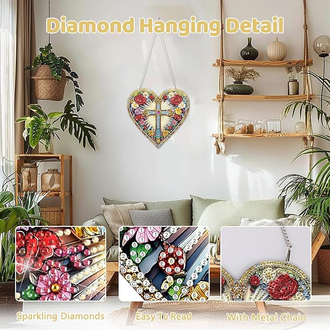 MEIYUDA Cross Diamond Painting Pendant Kits, DIY Heart Cross Special Shaped Diamond Art Hanging Kits for Adults, 5D Crystal Diamonds Painting Acrylic Pendant Ornamen for Home Decoration