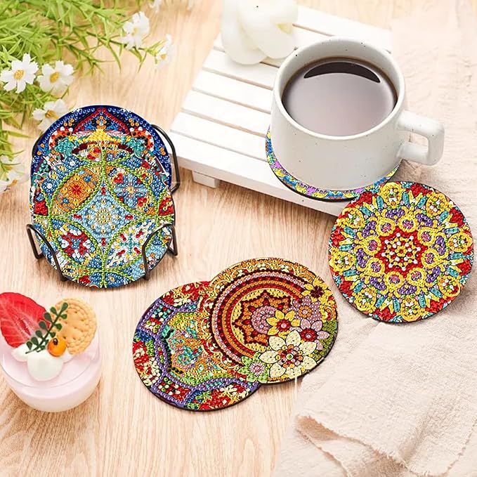 EWJRNSF 10 PCS Diamond Art Coasters Kit, Small Diamond Painting Coasters, Fall Diamond Art Kits for Adults Beginners, Arts and Crafts Supplies Item Sets with Holder Mandala