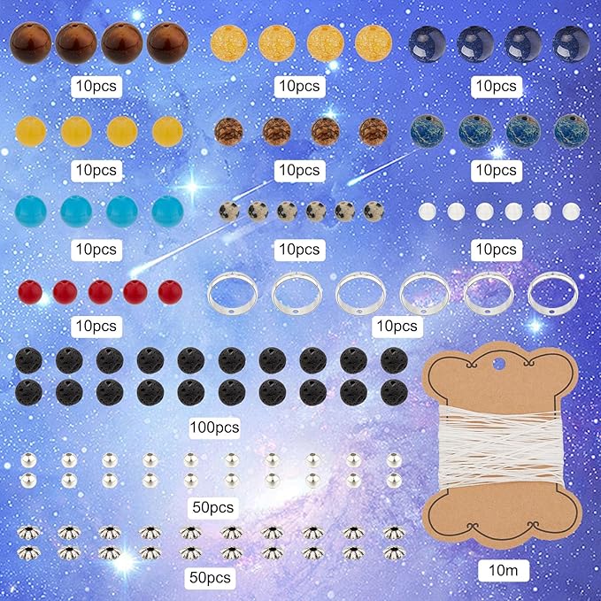 SUNNYCLUE 1 Box 300+Pcs DIY 10 Sets Solar System Bracelets Kit Universe Galaxy The Nine Guardian Planets Bracelet Necklace Tiger Eye Bead Natural Gemstone Beads for Jewelry Making Kits Craft