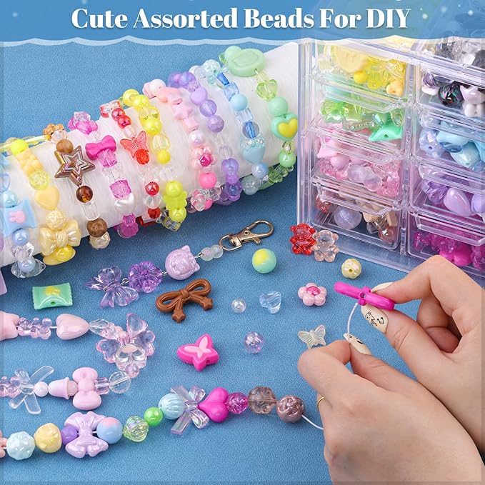 500-550pcs tinkrstuff assorted acrylic beads, 8 colors series cute beads for bracelet making, bow aesthetic gummybear candy butterfly kawaii charms for jewelry making diy necklace keychain phone charm