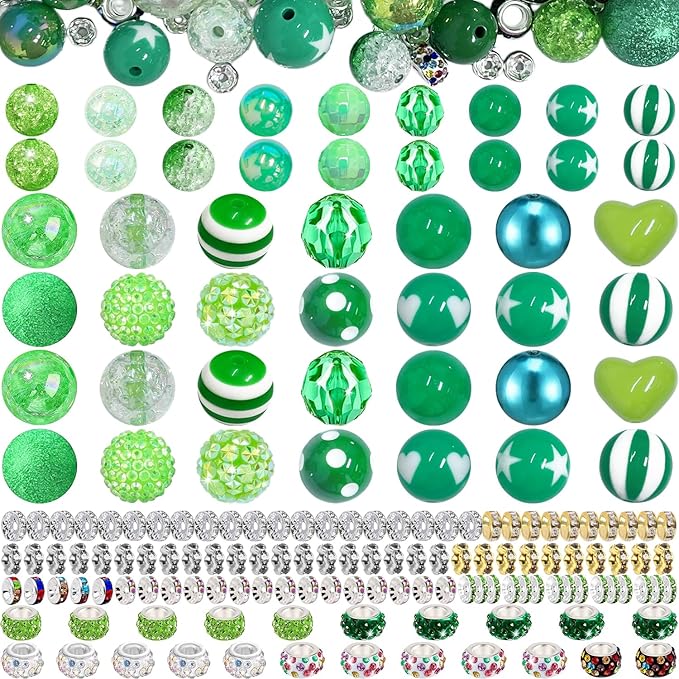 163 Pcs Pen Beads for Beadable Pens: Bubblegum Beads for Pen Making Bulk with Spacer Bead Rhinestone Bead (Green)