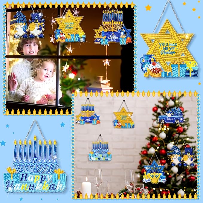 Zonon 6 Pcs Hanukkah Diamond Art Painting Hanging Sign Set Hanukkah Star Diamond Art Adults 5d DIY Craft Acrylic Pendant Ornaments Kits for Home Wall Door Window Decor