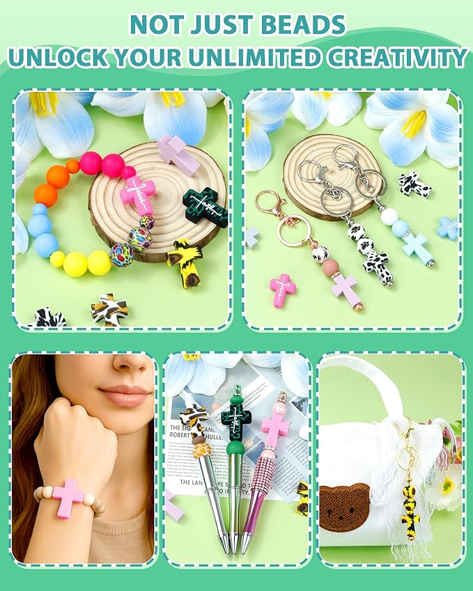 12Pcs Cross Silicone Focal Beads for Pens, Leopard Cross Shaped Rubber Charms, Jesus Beads for Beaded Pen, Bracelet, Necklace, Keychain Making Accessories