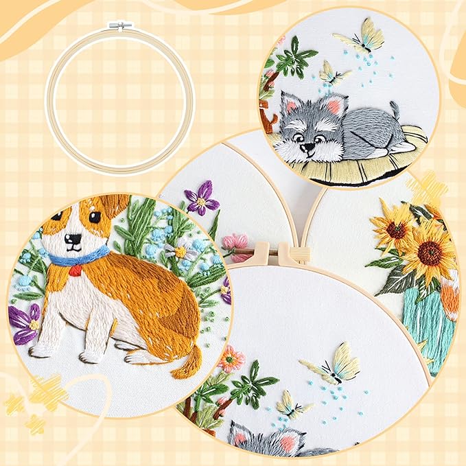 useamie 3 pack embroidery kit, diy cross stitch starter set, includes 3 embroidery patterns, embroidery hoop, printed embroidery fabric, needles,perfect for art supplies for home decoration and gift