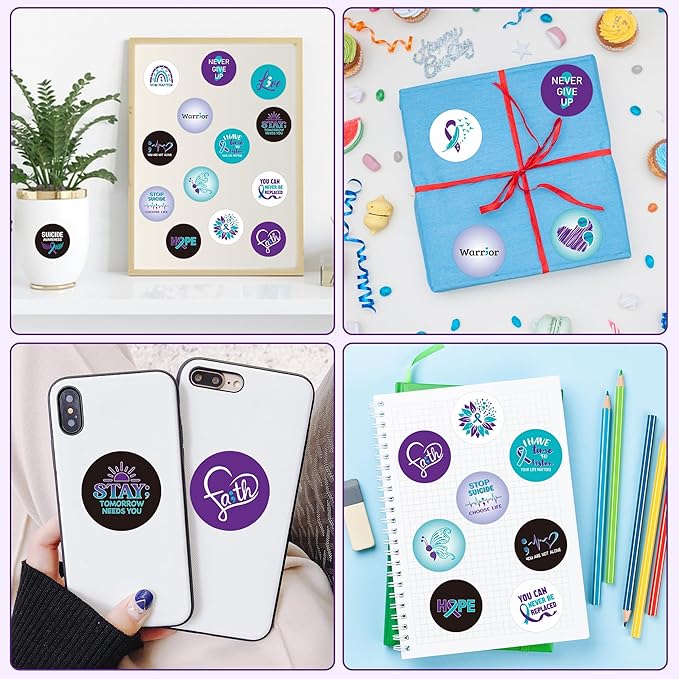 beyumi suicide awareness roll stickers - 1000pcs suicide prevention awareness stickers in 2 rolls waterproof vinyl teal purple ribbon decals laptop bottle notebook luggage gift decor for kids teens