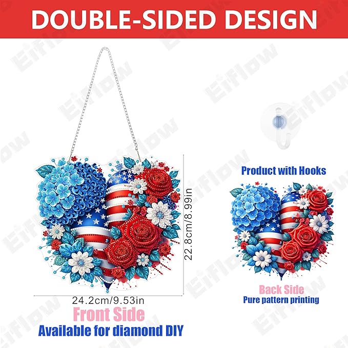Eiflow Acrylic Diamond Art Hanging Kit for Adults 4th of July, DIY Diamonds Painting Door Hanging Board Kit, Special Crystal Diamond Art Painting Pendant Ornament (Heart)