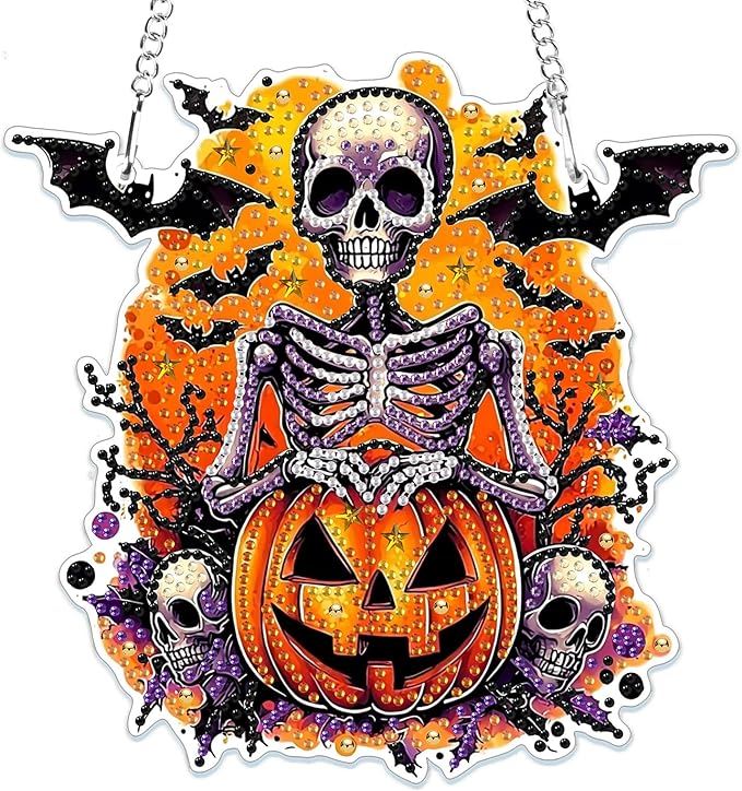 MOGTAA Halloween Skull Diamond Art Hanging Pendant Kits, Fall Pumpkin Diamond Art Suncatchers for Adults, 5D Special Shape Diamond Painting Skeleton Gem Art for Home Garden Wall Decor