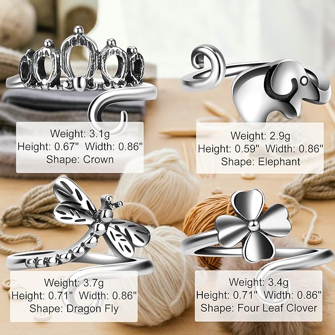 8 PCS Crochet Rings Sunflower Crown Cat Dog Butterfly Four-Leaf Clover Adjustable Yarn Tension Ring Knitting Tools Supplies Crochet Gifts for Crocheters