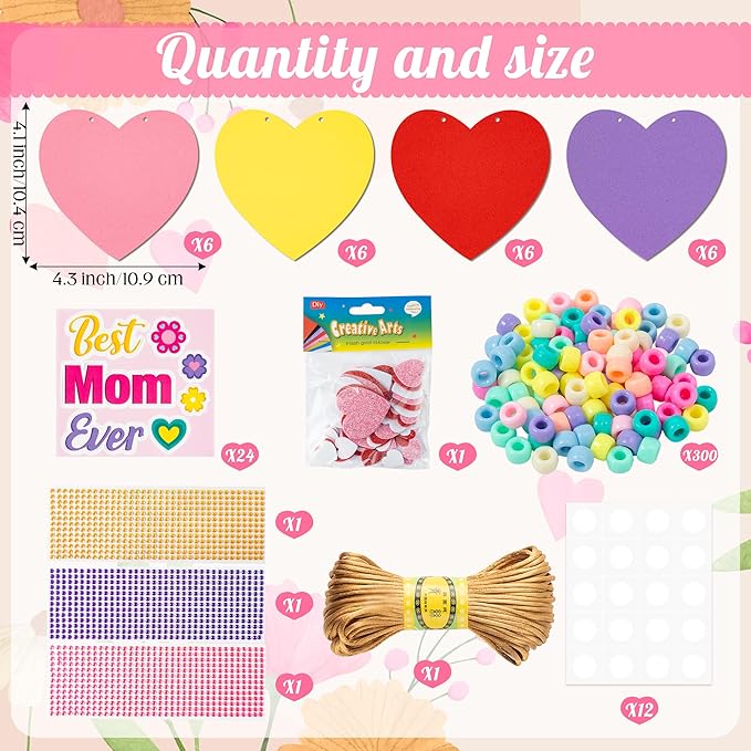 BeYumi Mom Necklace Craft Kit - 24Pcs Mother's Day DIY Foam Heart Best Mom Ever Necklace Making Kit With Gem Sticker DIY Thank You Craft for Kid Home School Classroom Family Party Favor Fun Activities