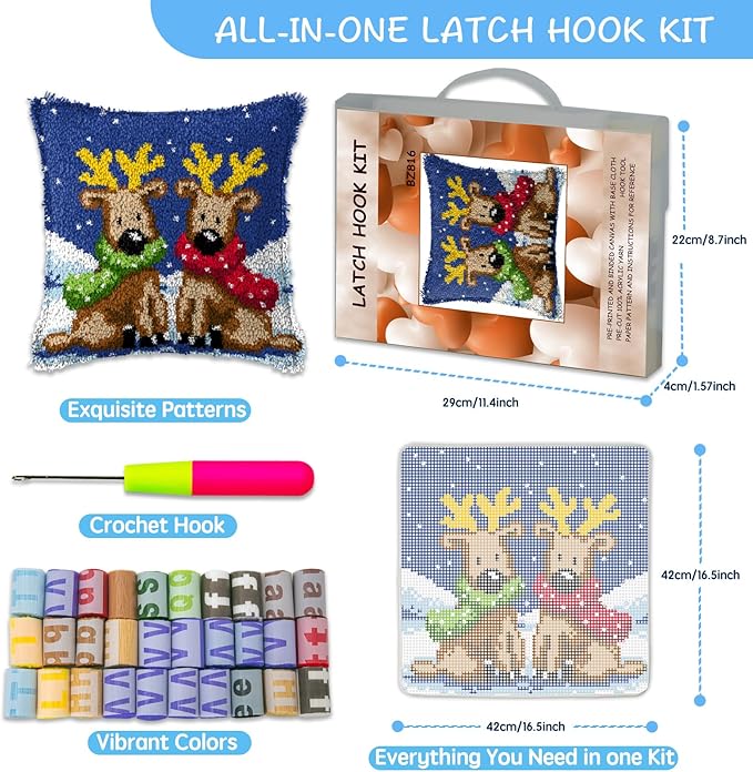 ZFFLYH Latch Hook Kits Christmas, Latch Hook Kits for Beginners with Christmas Pattern Printed Canvas Crochet Gift, 43X43cm, 2 Christmas Deer