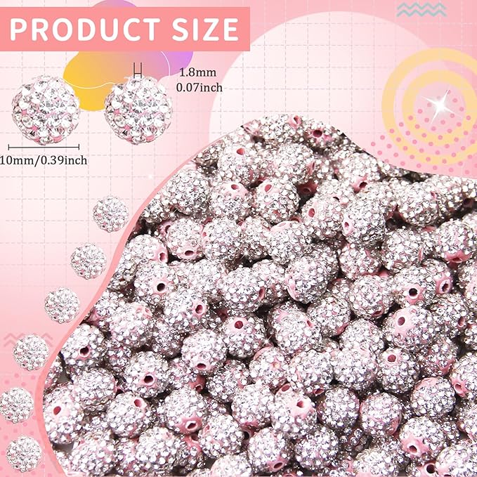 150 Pcs 10mm Rhinestone Beads for Jewelry Making, Light Pink Shiny Round Shamballa Disco Baseball Necklace Beads Sparkle Crystal Clay Pave Rhinestones Bead for DIY Bracelet Earring Making Supplies