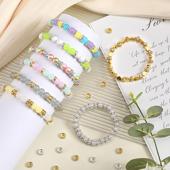Augshy 700Pcs Rondelle Spacer Beads,8 mm Silver and Gold Rhinestone Spacer Beads for Jewelry Bracelet Making Birthday Party Necklace Friendship Bracelets Hair Beads Crafts