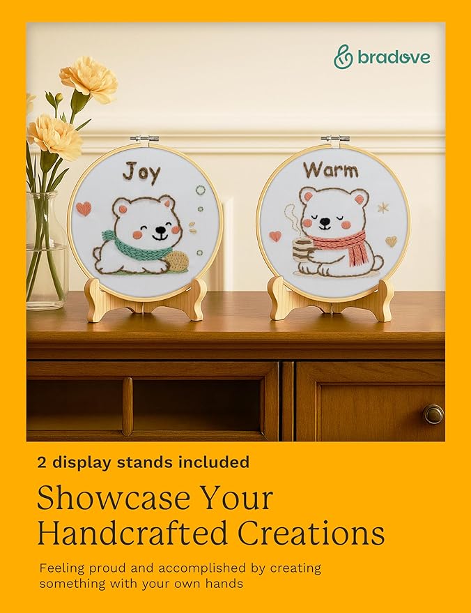 bradove embroidery kit for kids and adults, bears embroidery kit for beginners, easy needlepoint starter kit with 2 display stands