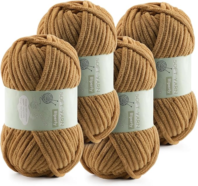 Chunky Chenille Yarn Velvet Soft Super Bulky Size 6 for Crocheting Knitting, Baby Blanket Yarn, 100g 71 Yds per Skein, Easy to Use for Scarves, Amigurumi, Crafts (4, Camel Color)