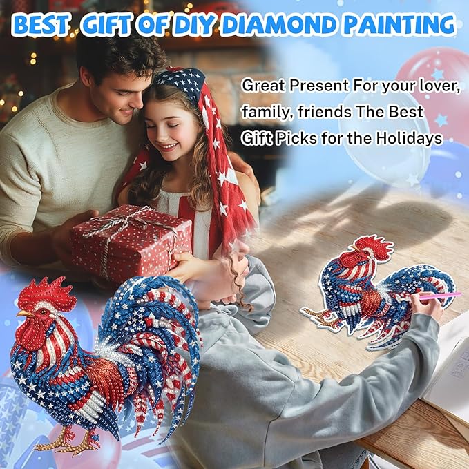 Bowetile Independence Day 5D Diamond Art Hanging Kits for Adults, 4th of July Chicken Diamond Painting Window Pendant Kits, Special Shape Gem Art Suncatchers Ornament for Home Garden Wall Decor