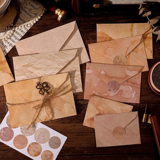 92 Pieces Mini Stationery Paper Envelopes and Sealing Sticker Set, 60 Vintage Writing Scrapbook Papers with 16 Matching Envelopes and 16 Round Seal Sticker