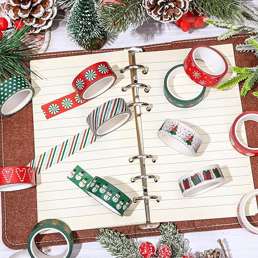 Whaline 12 Rolls Christmas Washi Tape Red Green Xmas Tree Snowman Santa Claus Gingerbread Man Candy Cane Pattern 15mm Decorative Masking Tape for Scrapbook Journal DIY Art Craft Gift Wrapping