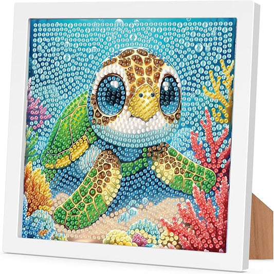Sea Turtle Diamond Art Painting Kits for Kids with Frame, Animal Diamond Art for Kids Ages 4-8-12 with Frame, Easy Small Cute Gem Painting Kit for Gift Home Wall Decoration (7x7 inch)
