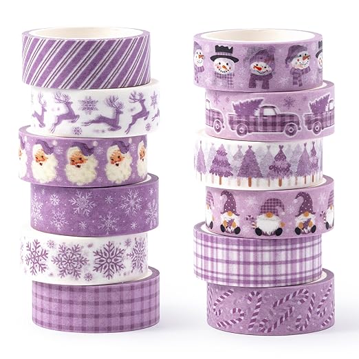 Purple Christmas Washi Tape - 12 Rolls Elegant Santa Reindeer Snowflake Watercolor Double Sided Scrapbook Masking Washi Tape School Office Adhesive Glue Scrapbooking Supplies Gift Wrapping