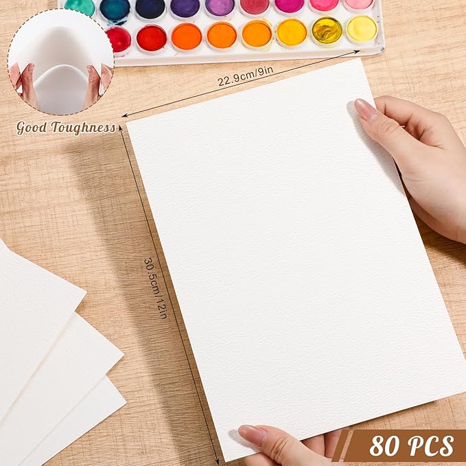 80 Sheets Watercolor Paper Bulk, 110 lb/230 GSM Cold Press Paper White Water Color Paper for Kids Child Students Adults Artists Drawing Wedding Gift Cards(9x12 Inch)