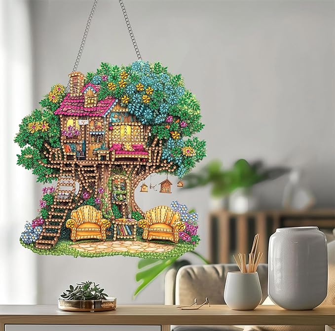 Bimkole Tree Diamond Art Hanging Kit for Adult, DIY 5D Diamond Art Houses Window Pendant, Acrylic Crystal Art Hanging Ornament Home Wall Garden Front Door Sign Outdoor Decor 7.8x7.8 Inch
