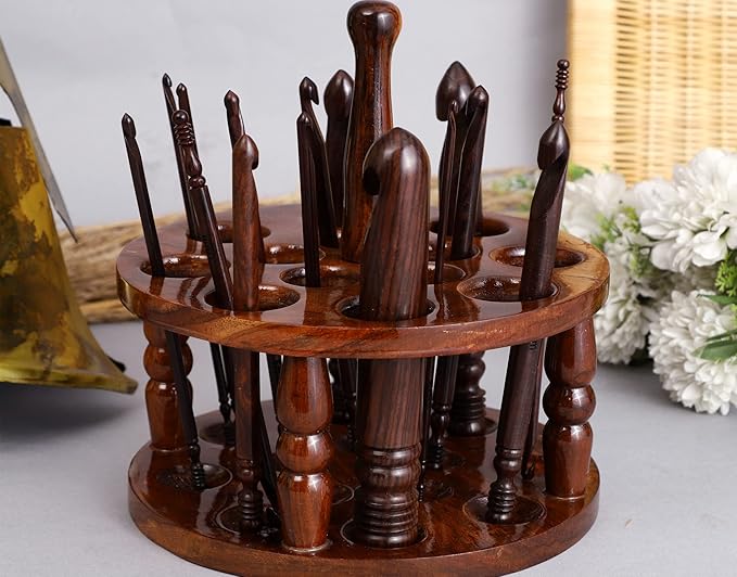 Brainmart Wooden Crochet Hooks, Set of 15 Premium Rosewood Knitting Hooks, 3.5mm(E) to 25mm(P) with Holder Ergonomic Knitting Needles, Perfect for Knitters & Crocheting