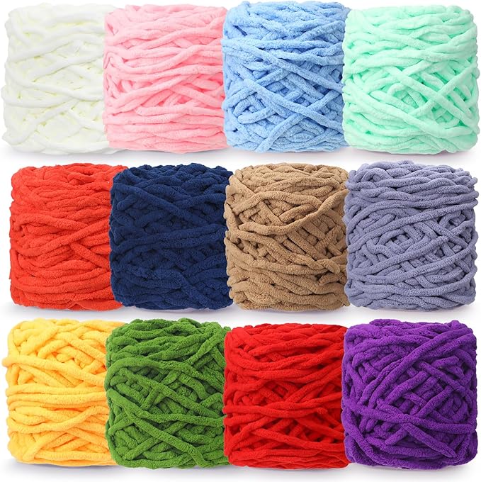 Buryeah Chunky Chenille Yarn for Crocheting Soft Thick Fluffy Yarn for Hand Knitting Bulky Velvet Blanket Plush for Weaving DIY Crafts Each 3.5 oz 55 Yards(Classic Colors,12 Pack)