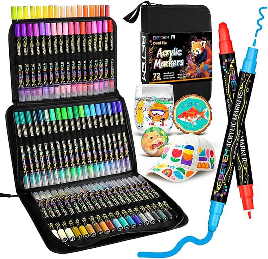 Betem 72 Colors Dual Tip Acrylic Paint Pens Markers, Fabric Decorating Kits Premium Water-Based Acrylic Paint Markers for Fabric, Rock, Wood, Glass, Eggs, Canvas, Ceramic, Easter Basket Stuffers