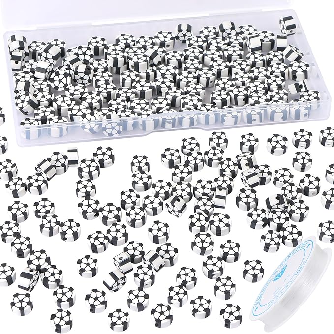 EVERMARKET 100pcs Soccer Beads Polymer Clay Football Softball Beads Charms Soccer Ball Spacer DIY Sports Bead for Necklace Bracelet Handmade Jewelry Making Accessories Supplies