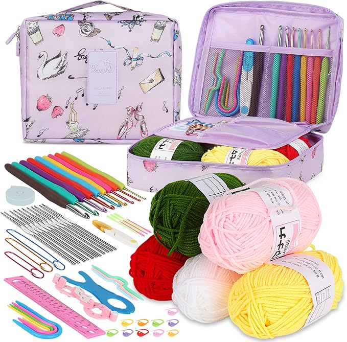 aeelike beginner crochet kit, 59pcs crochet starter kit for adults and kids, basic crochet & knitting supplies kit for beginners,travel crochet kit small with purple storage bag
